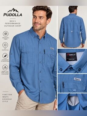 Pudolla Men’s XL Blue Performance Fishing Outdoor Shirt